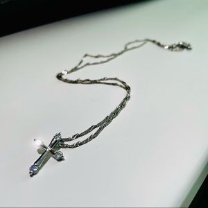 Anthropologie Sterling Silver Crystal Cross Neck Pendant Wave Choker Necklace